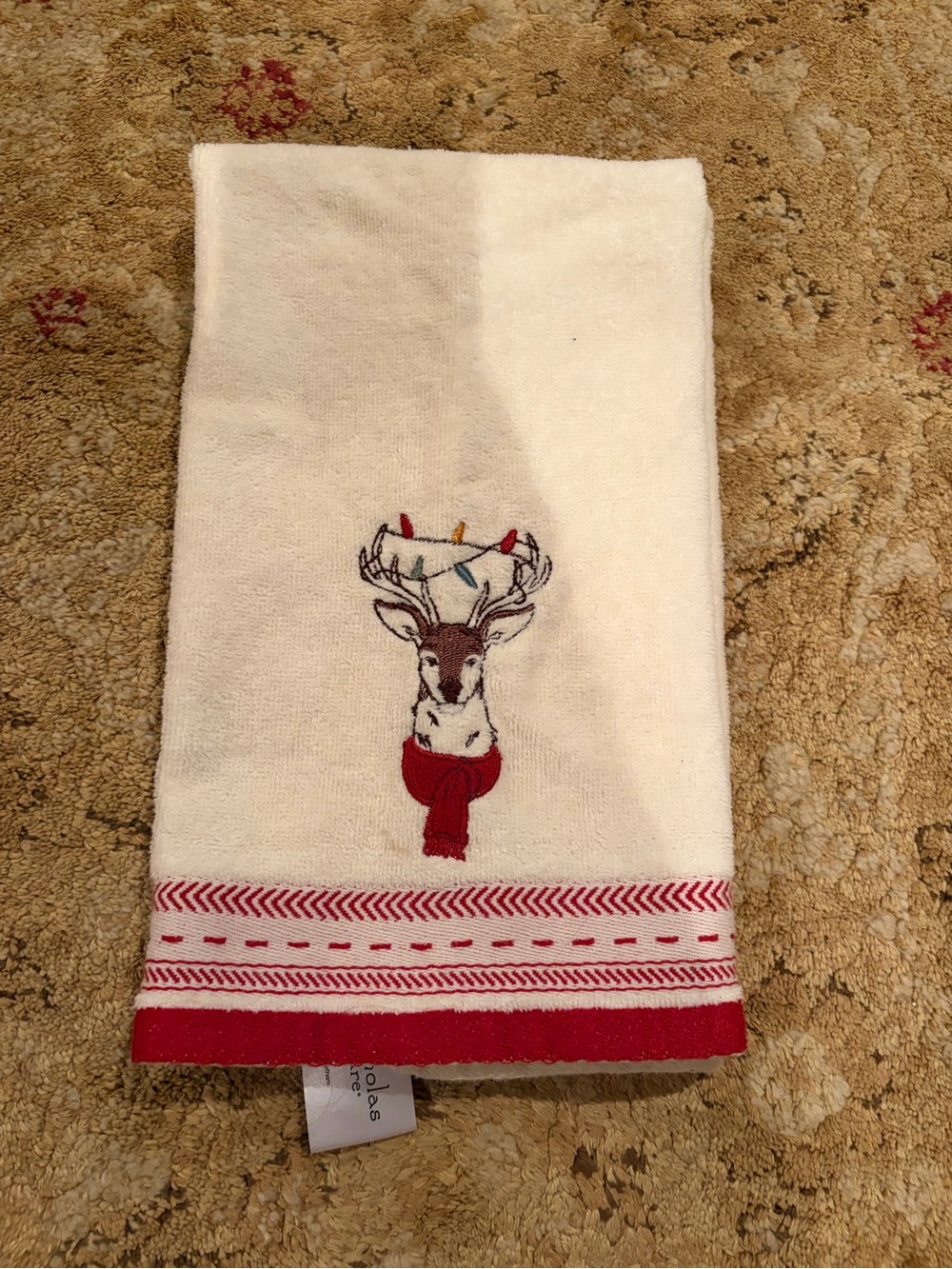 Holiday Reindeer Embroidered Kitchen Towel - Cream and Red Christmas kitchen EUC